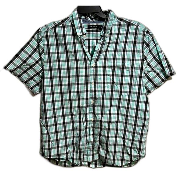 Men’s Nautica Button Down Green Black White Plaid Short Sleeve (694) - Picture 1 of 3